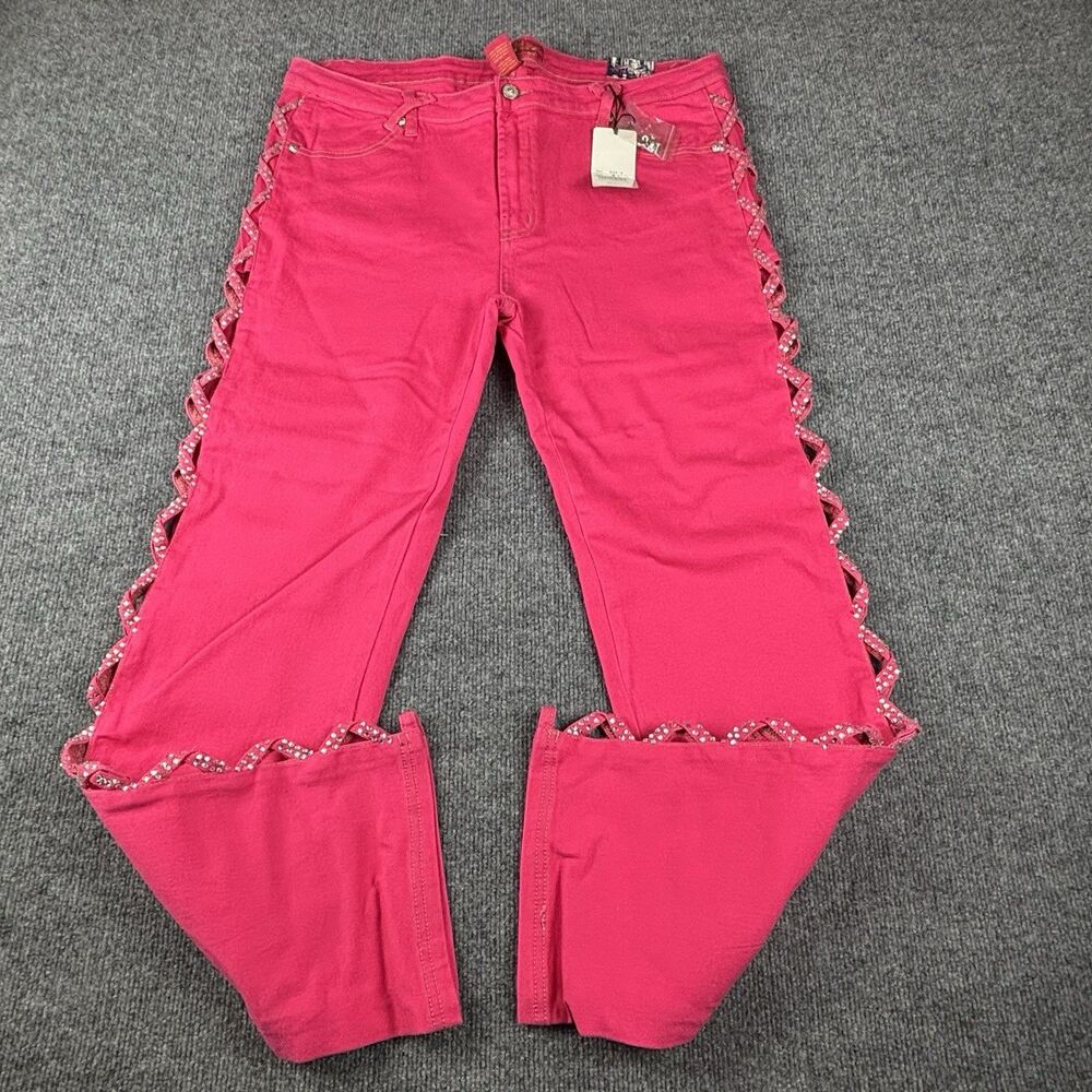 Platinum Plush Y2K Pink Pants Rhinestone Cut Out Lace Up Side Wide Size 21